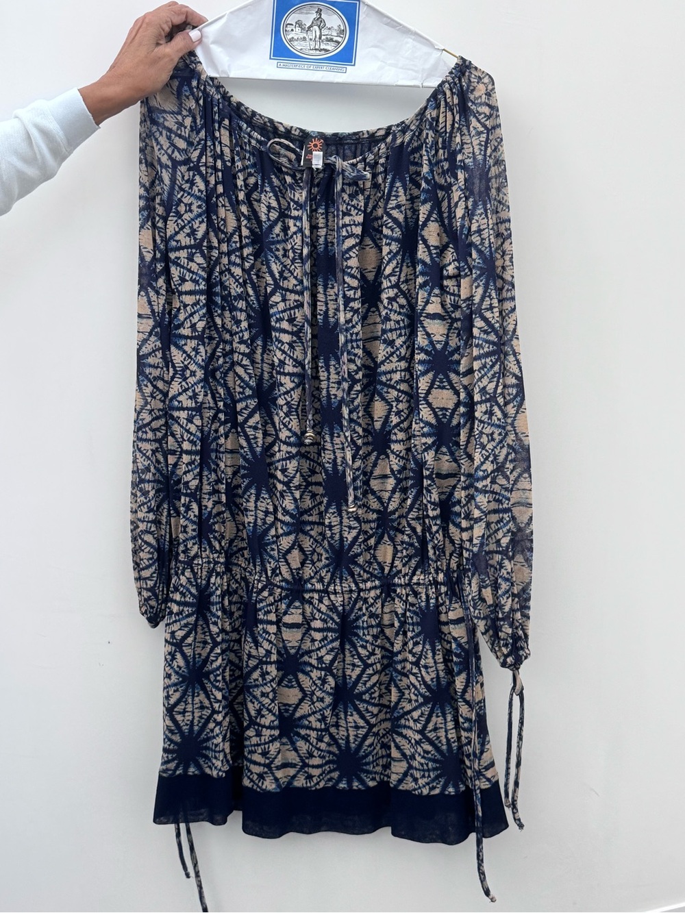 Jean Paul Gaultier Soleil Navy Tan Batik Print Mesh Tunic Dress Size L